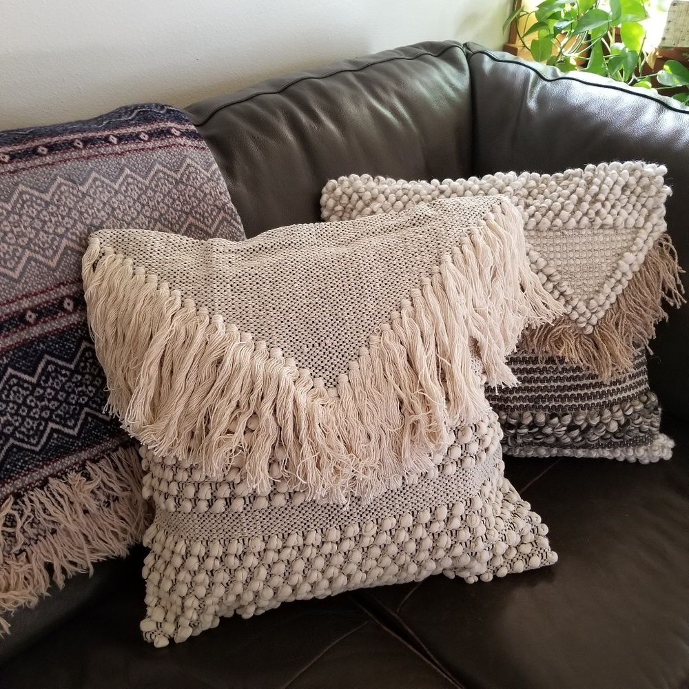 LAST ONE Woven Cream Cotton Fringe Pillow Cover - Picture 2 of 4